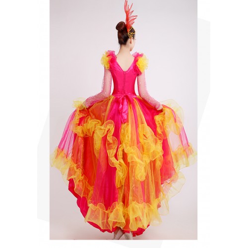 Hot pink red dance costume flamenco Spanish bull dance dress expansion skirts stage costumes